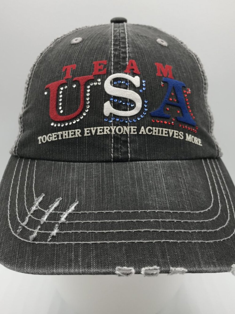 Mega Cap Women's Black Team USA Distressed Hook & Loop Baseball Cap Hat